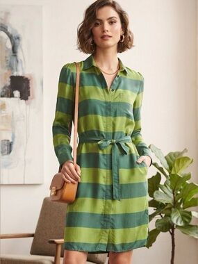 Burberry Brit Green Striped Silk Long Sleeve Belted Shirt Dress Size US 6